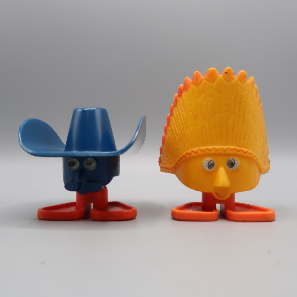 Vintage Hat People 3" Tall Figures Cowboy & Indian Wheelies Hong Kong